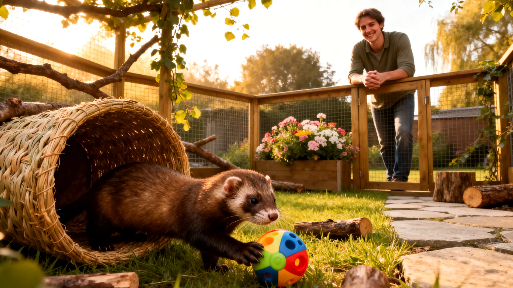 Frettchen brauchen im Garten sichere und anregende Beschäftigungsmöglichkeiten, da sie neugierige und aktive Tiere sind, die bei unzureichender Auslastung zu Langeweile und destruktivem Verhalten neigen, wobei besondere Vorsicht geboten ist, da sie unter Zäunen hindurchschlüpfen, entkommen oder Beute von Raubvögeln werden können."
