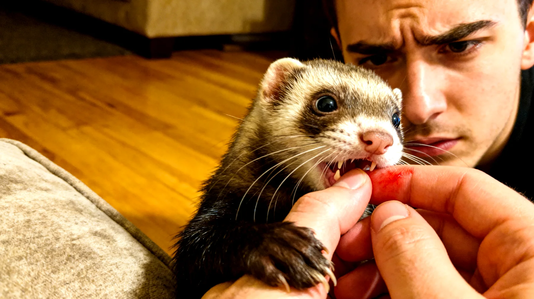 Junges Frettchen zeigt unerwünschtes Beißverhalten und benötigt gezieltes Training zur Beißhemmung und Sozialisierung"