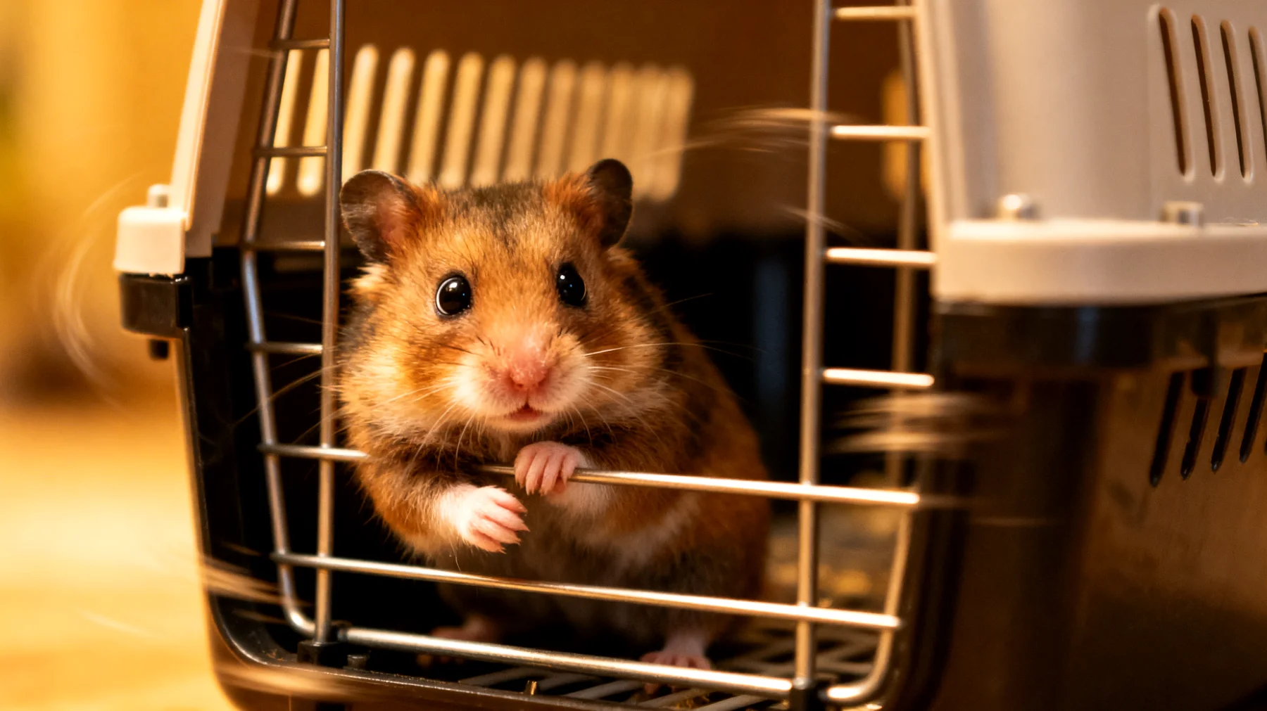 Hamster zeigen auf Reisen häufig starken Stress durch Transporterschütterungen, ungewohnte Umgebungen und Temperaturveränderungen, was zu Verhaltensauffälligkeiten wie übermäßigem Putzen, Lethargie oder Aggressivität führen kann"