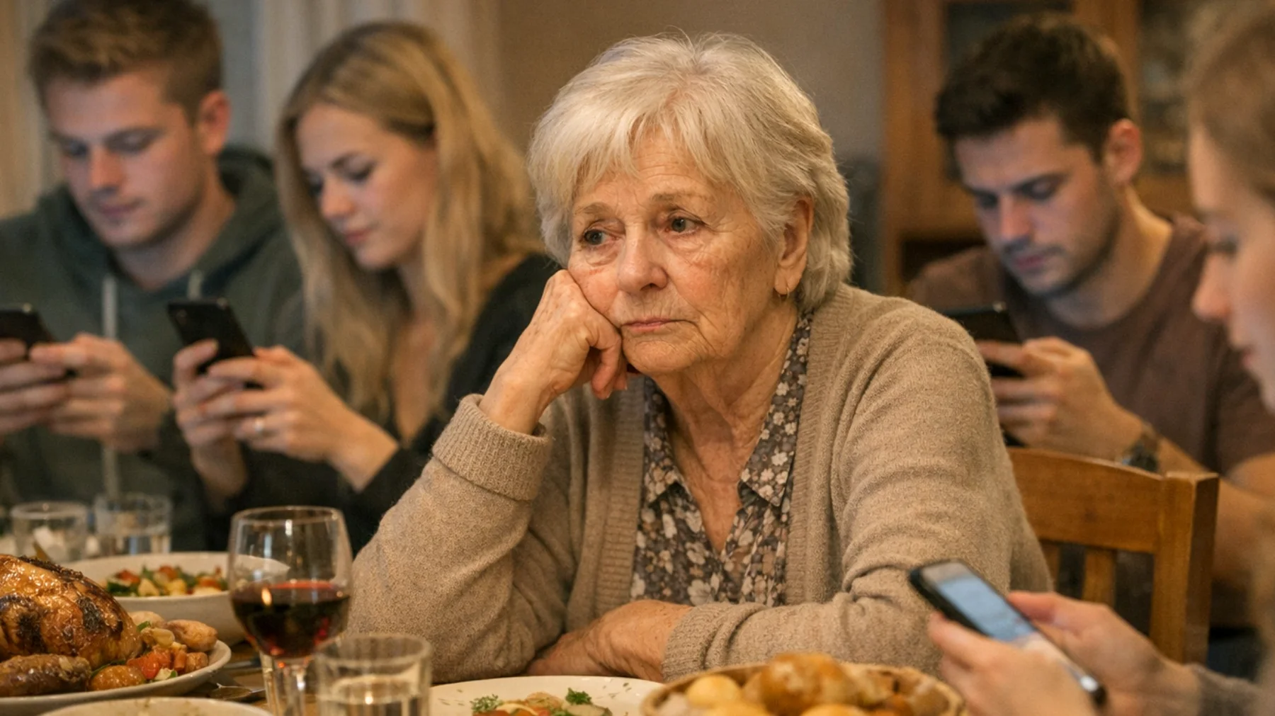 Die Oma bemerkt, dass ihre erwachsenen Enkelkinder bei jedem Familientreffen ständig auf ihr Smartphone schauen, kaum am Gespräch teilnehmen und sich mehr mit sozialen Medien und Online-Inhalten beschäftigen als mit ihr. Sie fühlt sich unsichtbar und fragt sich, wie sie wieder eine echte Verbindung zu ihnen aufbauen kann, ohne Konflikte zu erzeugen."