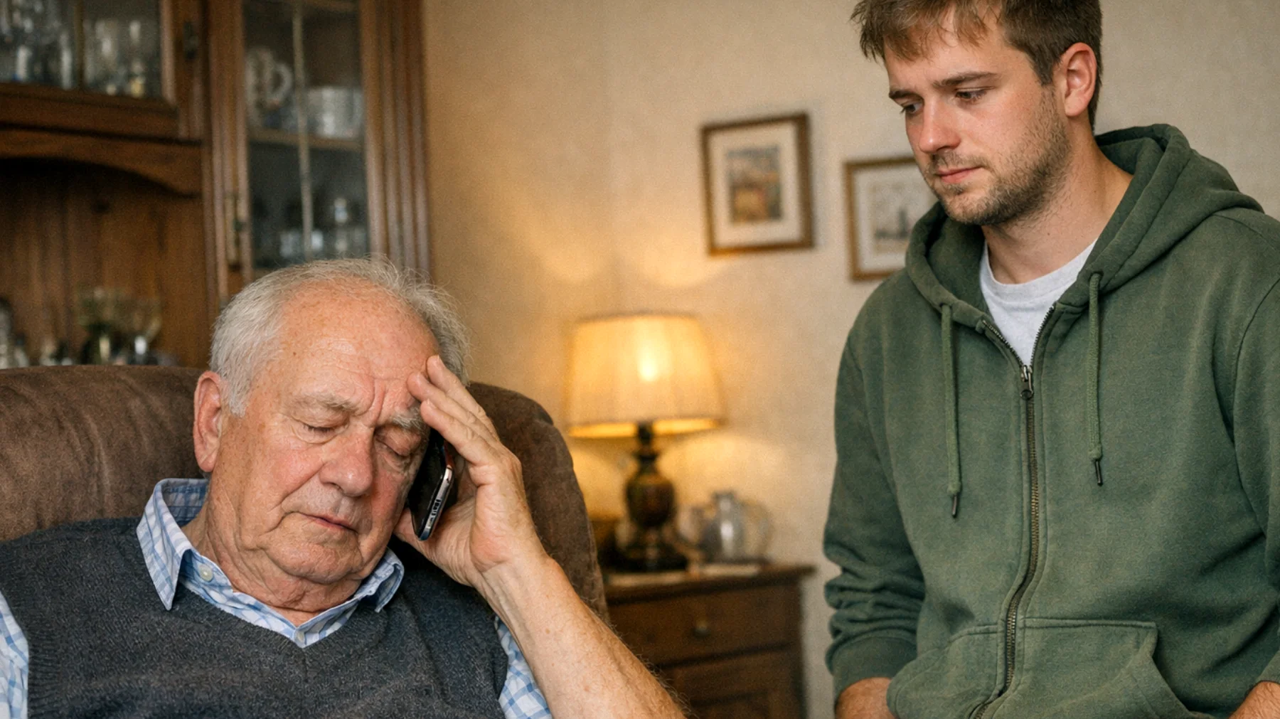 Der Großvater bemerkt, dass sein erwachsener Enkel (20-25 Jahre) ihn ständig um Rat, finanzielle Unterstützung und emotionalen Beistand bittet, ohne eigene Entscheidungen treffen zu können. Der Enkel ruft mehrmals täglich an, sucht bei jeder kleinen Herausforderung die Bestätigung des Großvaters und scheint unfähig zu sein, selbstständig mit alltäglichen Situationen umzugehen. Der Großvater fühlt sich einerseits gebraucht und geliebt, andererseits erschöpft und besorgt über die mangelnde Selbstständigkeit seines Enkels."