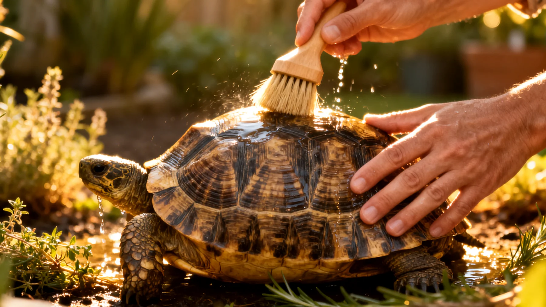 Schildkröten im Garten benötigen sichere, natürliche Hausmittel zur Parasitenbekämpfung und Schalenreinigung, ohne dass chemische Produkte die Umgebung oder das Tier belasten"