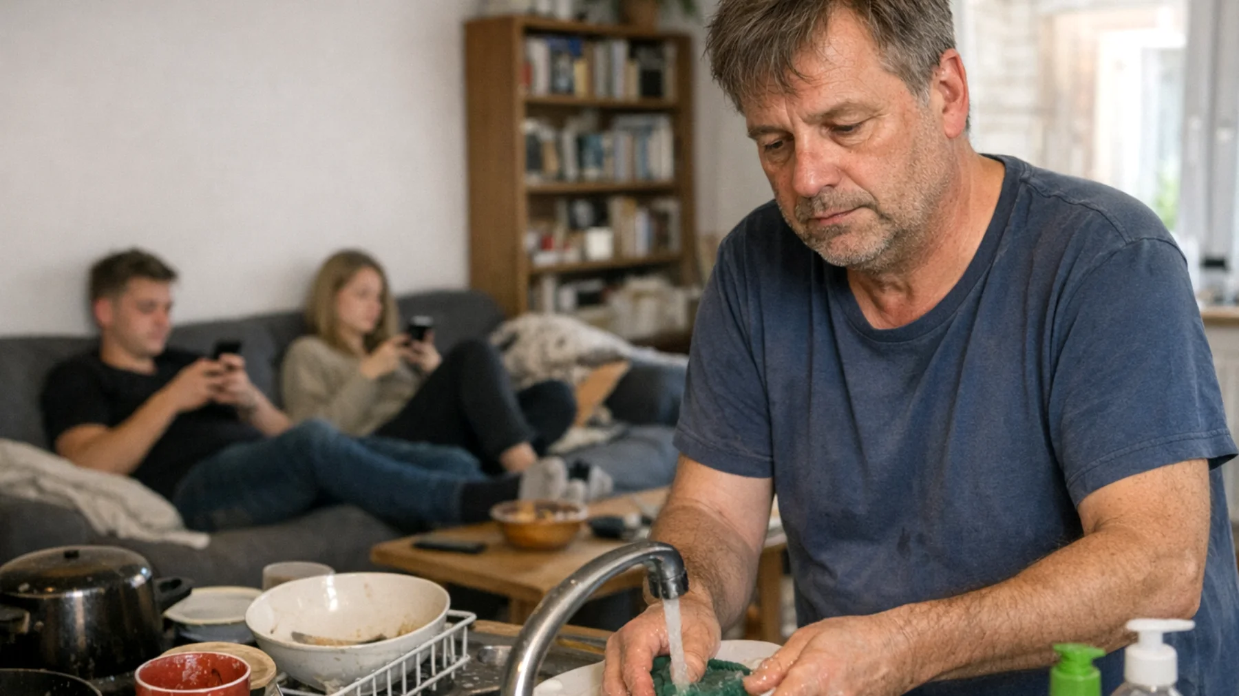 Ein Vater kämpft damit, dass seine jungen Erwachsenen-Kinder sich kaum an den täglichen Haushaltsaufgaben beteiligen. Trotz mehrfacher Bitten übernehmen sie keine Verantwortung für grundlegende Pflichten wie Kochen, Putzen oder Einkaufen. Der Vater fühlt sich allein gelassen und ausgenutzt, während die jungen Erwachsenen die häuslichen Verpflichtungen als selbstverständlich betrachten und sich weigern, aktiv mitzuwirken."