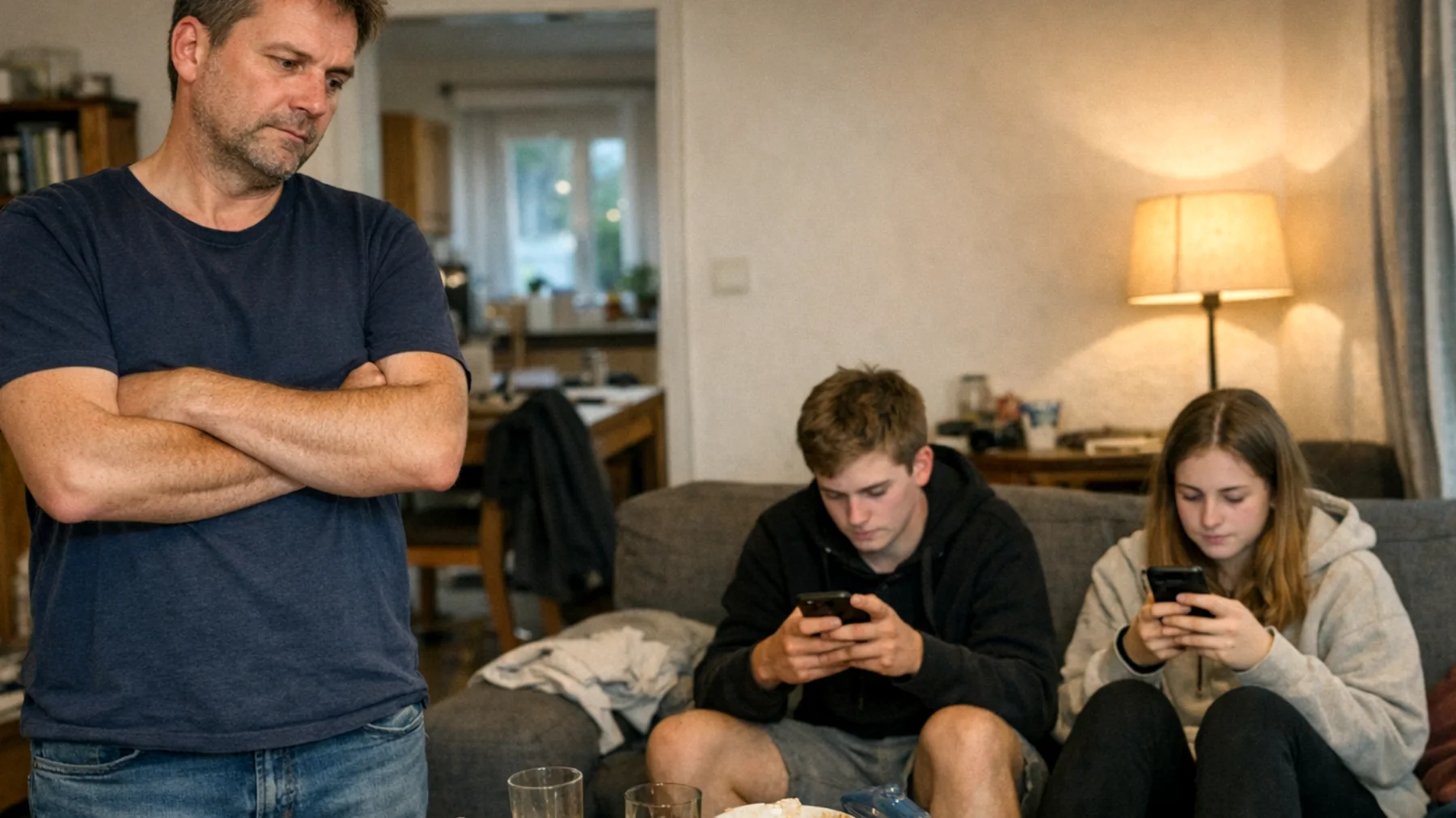 Der Vater kämpft damit, dass seine Jugendlichen sich konsequent weigern, an alltäglichen Haushaltsaufgaben teilzunehmen – wie Aufräumen, Tisch decken oder Müll rausbringen – und zeigen wenig Bereitschaft, Verantwortung im Familienleben zu übernehmen."